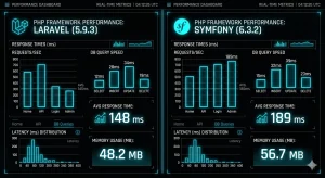 Laravel vs Symfony performance comparison chart showing request time benchmarks in 2025